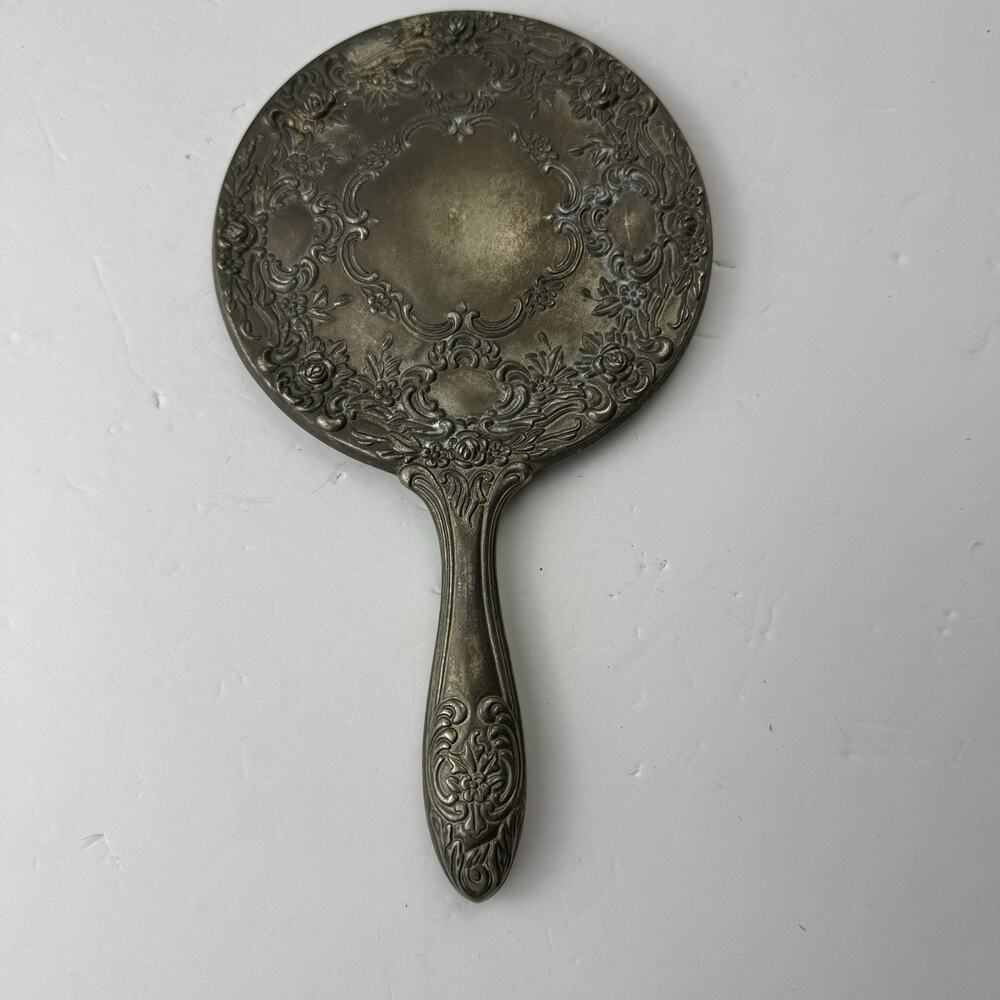 Vintage Vanity Hand Mirror Silver Plate Repousse Raised Ornate Roses